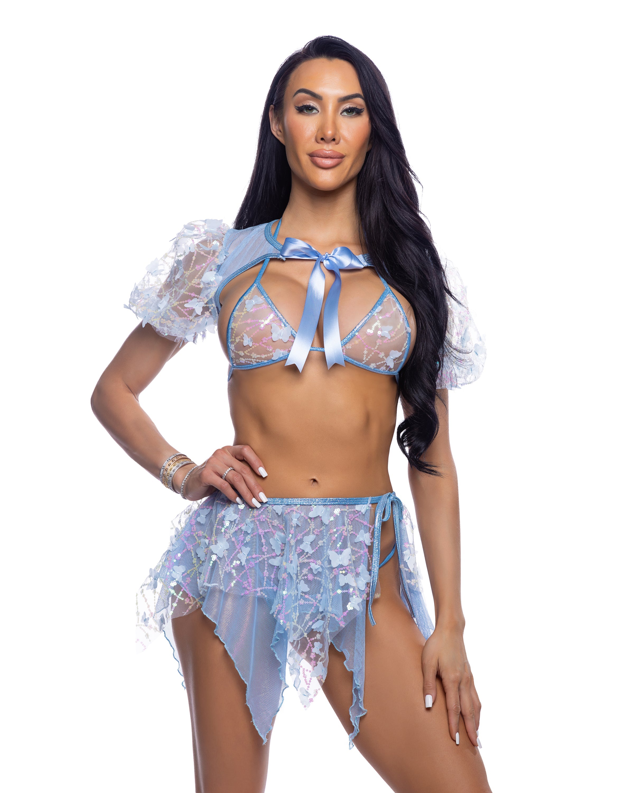 Blue butterfly sequin triangle top rave outfit, view 5